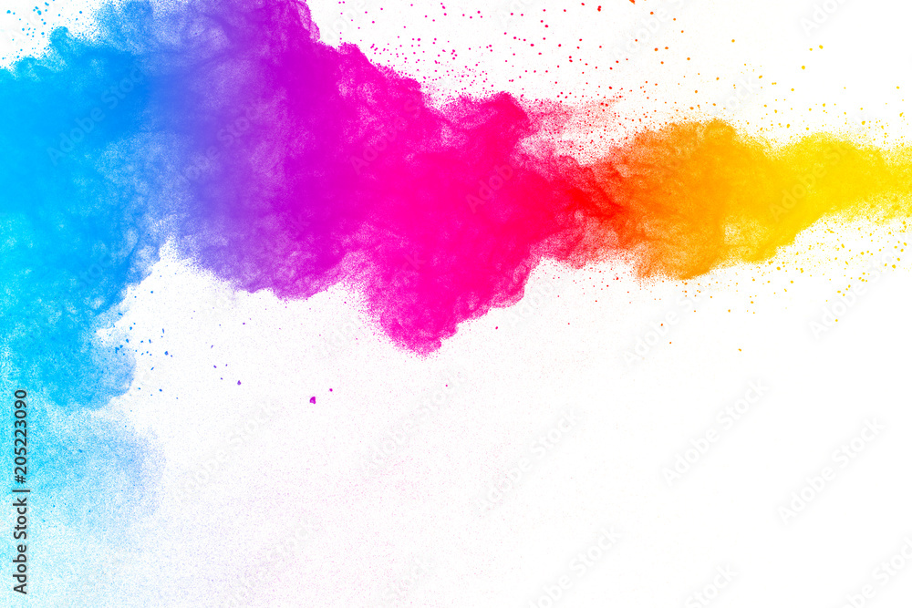 Obraz premium Multi color powder explosion on white background. Launched colorful dust particles splashing.