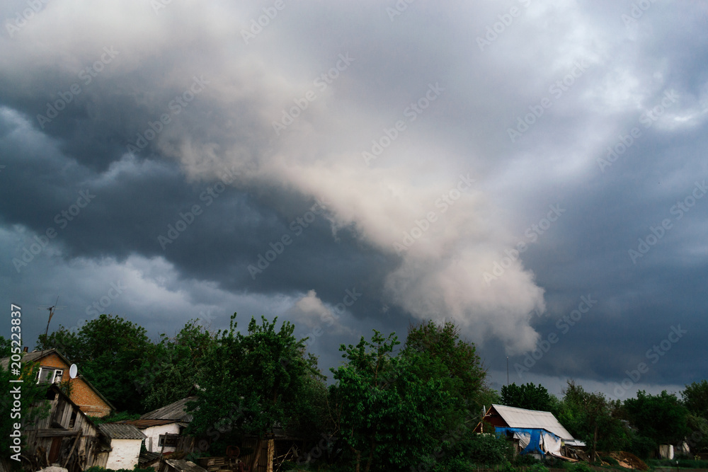 Extreme thunderstorm shelf cloud. Summer landscape of severe weather Extreme thunderstorm shelf cloud. Summer landscape of severe weather
