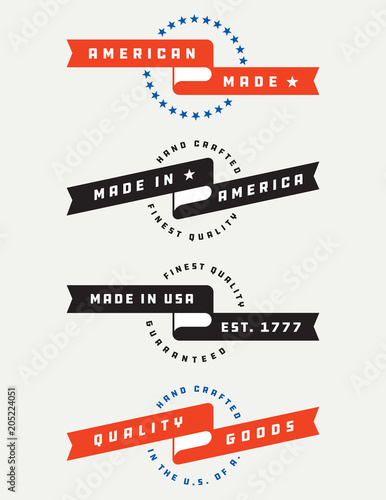 American Made Banner Vector Badges. Set of four different Made In America badge or emblem designs with banner and typography and stars in circle.