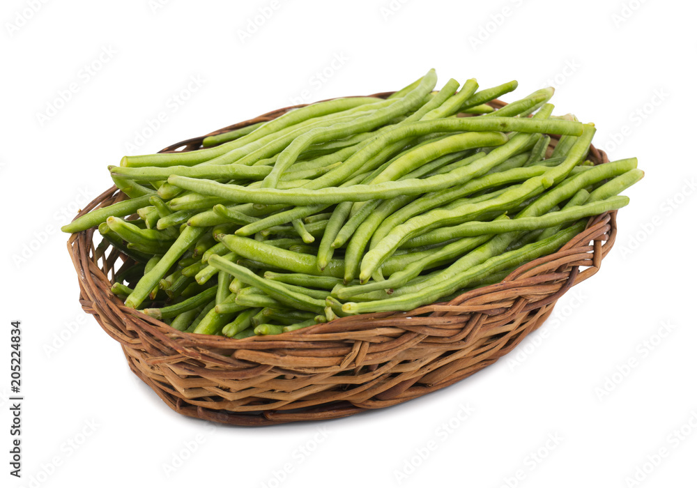 Green Beans in Basket Also Called Snap Beans or String Beans isolated on White Background Green Beans in Basket Also Called Snap Beans or String Beans isolated on White Background