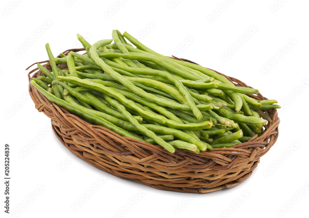 Green Beans in Basket Also Called Snap Beans or String Beans isolated on White Background Green Beans in Basket Also Called Snap Beans or String Beans isolated on White Background