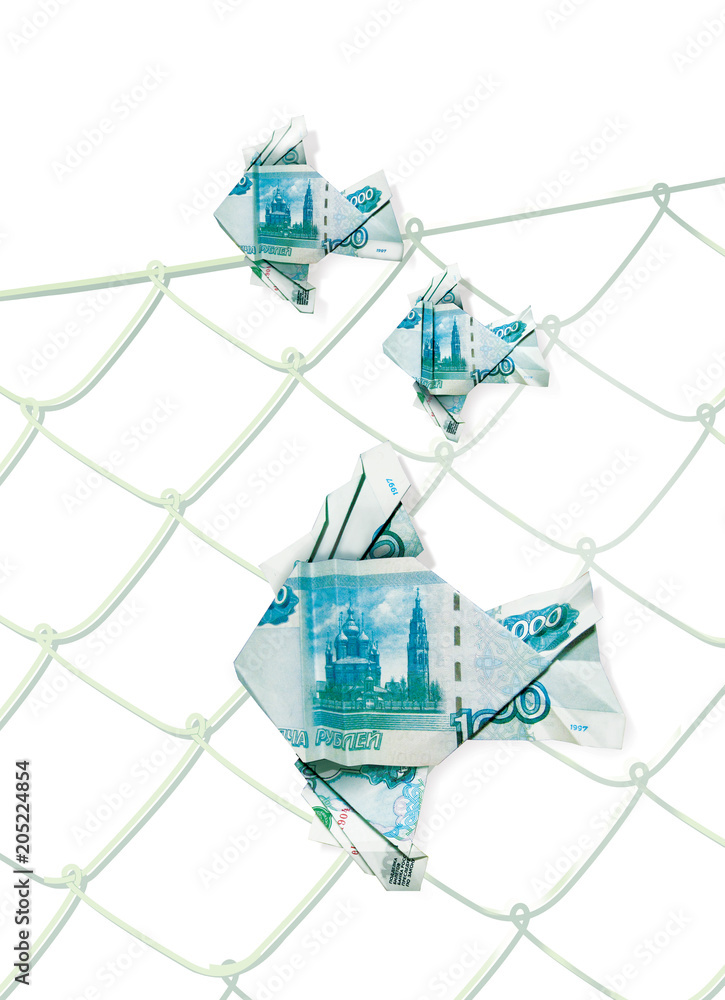 Floating in the water origami fish made from banknotes of the Bank of Russia denomination of 1000 rubles against the background of the cells of the fishing net. 3d illustration Floating in the water origami fish made from banknotes of the Bank of Russia denomination of 1000 rubles against the background of the cells of the fishing net. 3d illustration