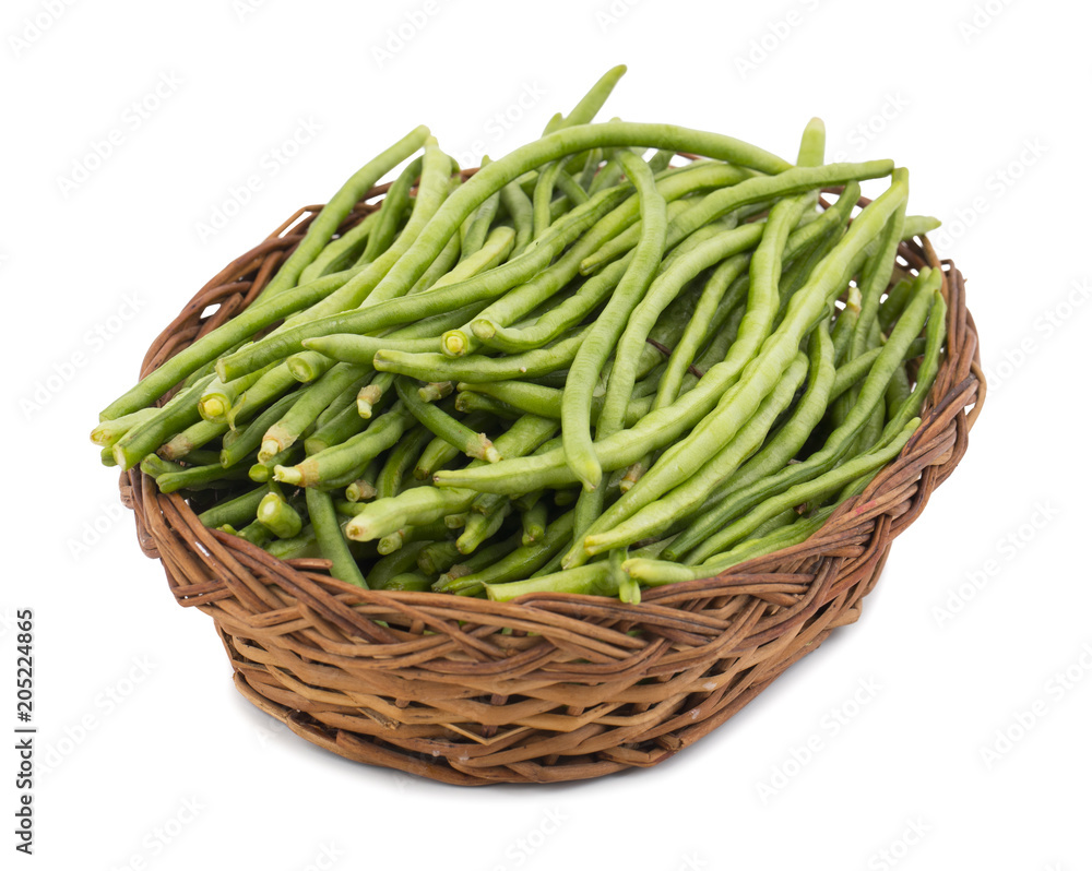 Green Beans in Basket Also Called Snap Beans or String Beans isolated on White Background Green Beans in Basket Also Called Snap Beans or String Beans isolated on White Background