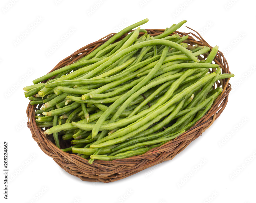 Green Beans in Basket Also Called Snap Beans or String Beans isolated on White Background Green Beans in Basket Also Called Snap Beans or String Beans isolated on White Background