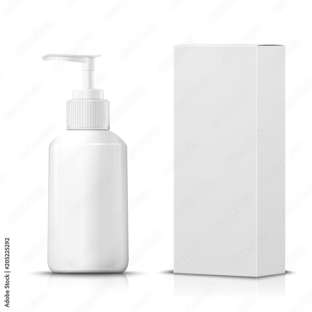 Vector 3d realistic pump bottle with paper box on white background with reflection. Mock-up for product package branding. Vector 3d realistic pump bottle with paper box on white background with reflection. Mock-up for product package branding.