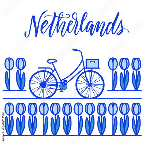 Tulips field and bicycle line art illustration in Delft blue colors. Travel Netherlands!