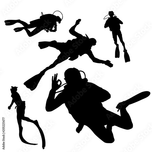 Set of human silhouettes in aqualung