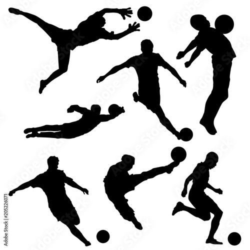 Set of soccer player silhouettes with ball on white background