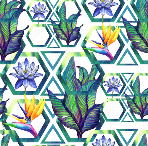 Obraz na płótnie Tropikalny liść palmowy wzór z geometrycznym tłem. Moda bez szwu twórczej sztuki wydruku dla projektu. Neonowa tapeta w kolorze dżungli.