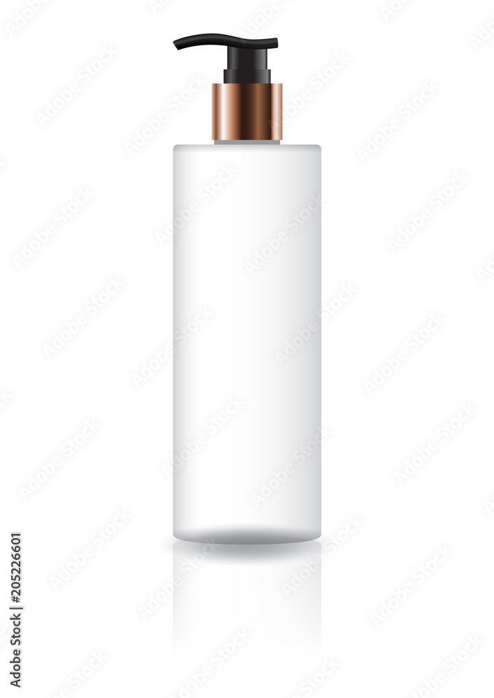 Blank white cosmetic cylinder bottle with black pump head for beauty or healthy product. Isolated on white background with reflection shadow. Ready to use for package design. Vector illustration. Blank white cosmetic cylinder bottle with black pump head for beauty or healthy product. Isolated on white background with reflection shadow. Ready to use for package design. Vector illustration.