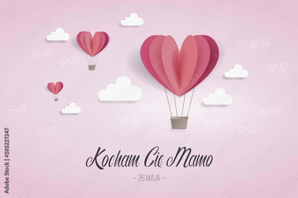 Dzień Matki 26 Maja - balony w kształcie serca na niebie z napisem „Kocham Cię Mamo” - obrazy, fototapety, plakaty 