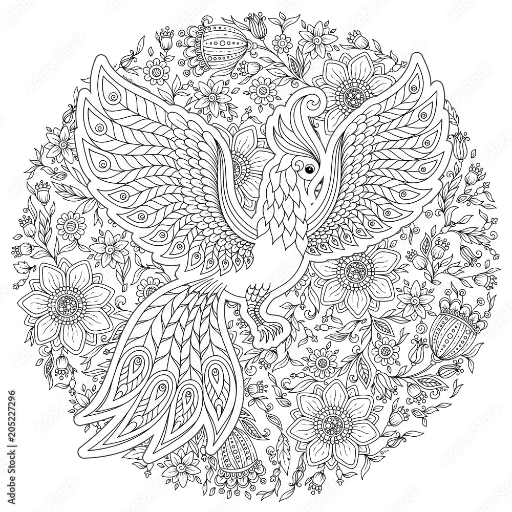 Fototapeta premium Firebird for anti stress Coloring Page with high details.