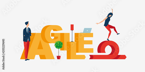 Vector colorful illustration of Agile software development (scrum, kanban, devops) principles.