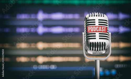 Home Podcast Studio. Microphone with a podcast icon photo