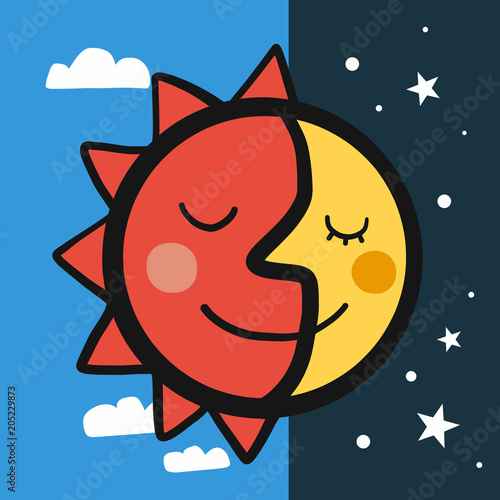 Sun and moon combine face cartoon vector illustration doodle style