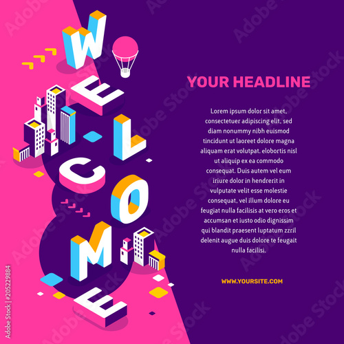 Invitation to the city concept. Vector creative abstract illustration of 3d welcome word lettering typography with building, decor element, text on color background.