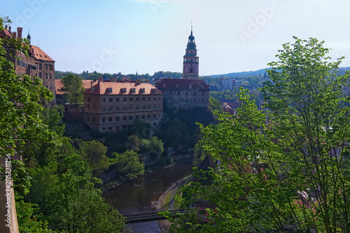 Ancient Cesky Krumlov  Czech Republic  - the castle and tower in spring morning. The historical center of the city is listed as a UNESCO World Heritage Site