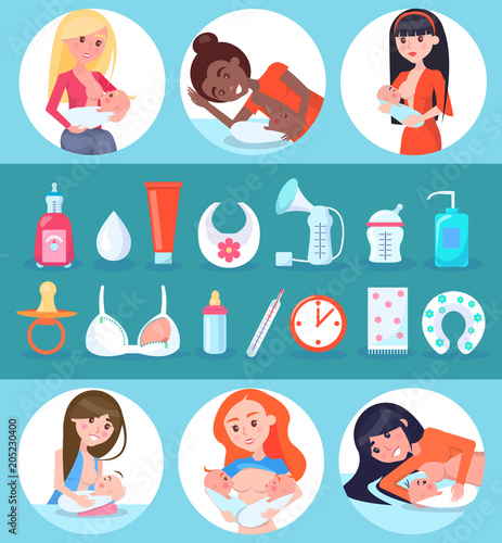 Breastfeeding and Children Set Vector Illustration
