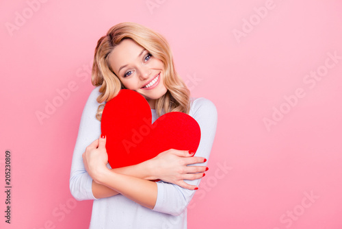Portrait with copyspace empty place of cute positive girl hugging big red carton heart figure with crossed hands, looking at camera eyes isolated on pink background