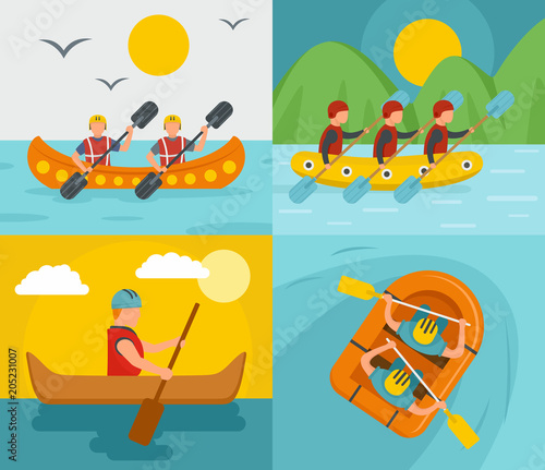 Rafting kayak water canoe river banner concept set. Flat illustration of 4 rafting kayak water canoe river vector banner concepts for web