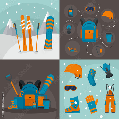 Snowboarding equipment ski winter snow banner concept set. Flat illustration of 4 snowboarding equipment ski winter snow vector banner horizontal concepts for web