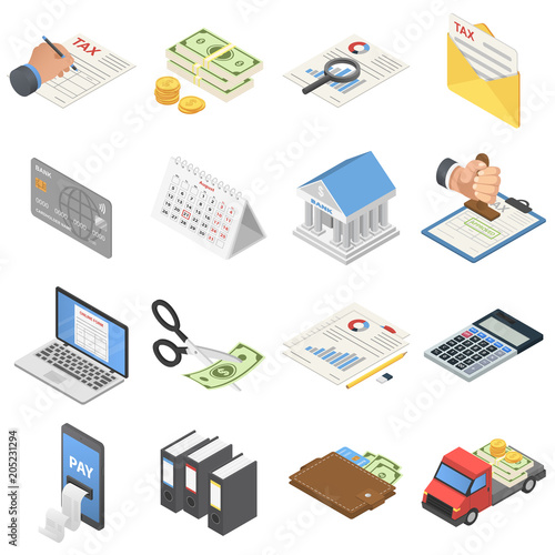 Taxes accounting money icons set. Isometric illustration of 16 taxes accounting money vector icons for web