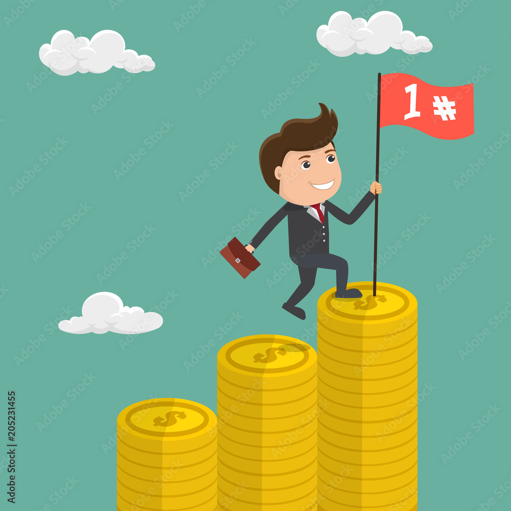 Business man with winners flag standing on the pile of coins - vector illustration Business man with winners flag standing on the pile of coins - vector illustration