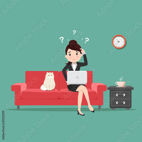 Businesswoman sitting with laptop on red sofa. Vector illustration.
