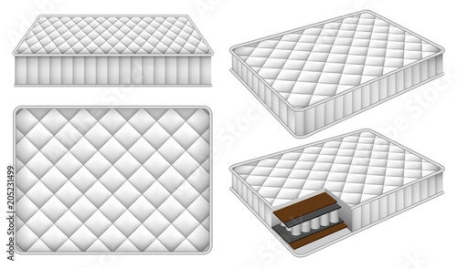 Mattress bedding bed mockup set. Realistic illustration of 4 mattress bedding bed mockups for web