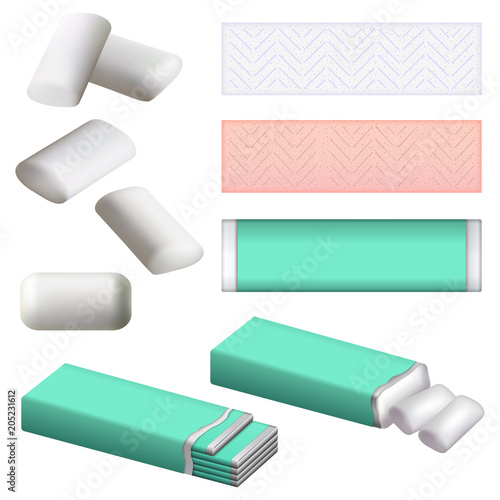 Gum chewing bubble mockup set. Realistic illustration of 9 gum chewing bubble mockups for web
