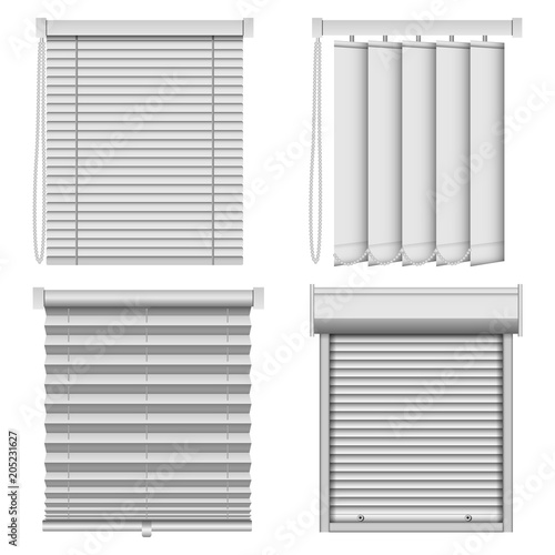 Blind window curtains mockup set. Realistic illustration of 4 blind window curtains mockups for web