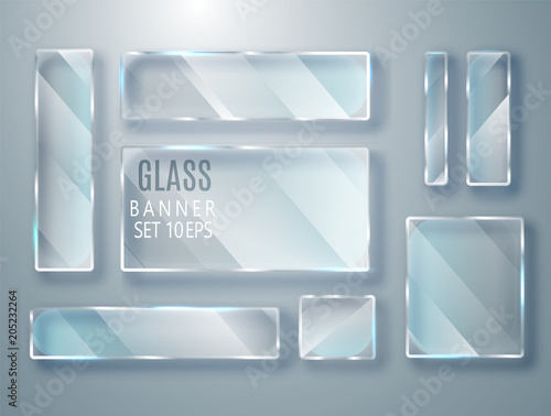 Glass transparent plates set. Vector glass modern banners isolated on transparent background. Flat glass. Realistic 3D design. Vector transparent object 10 eps.
