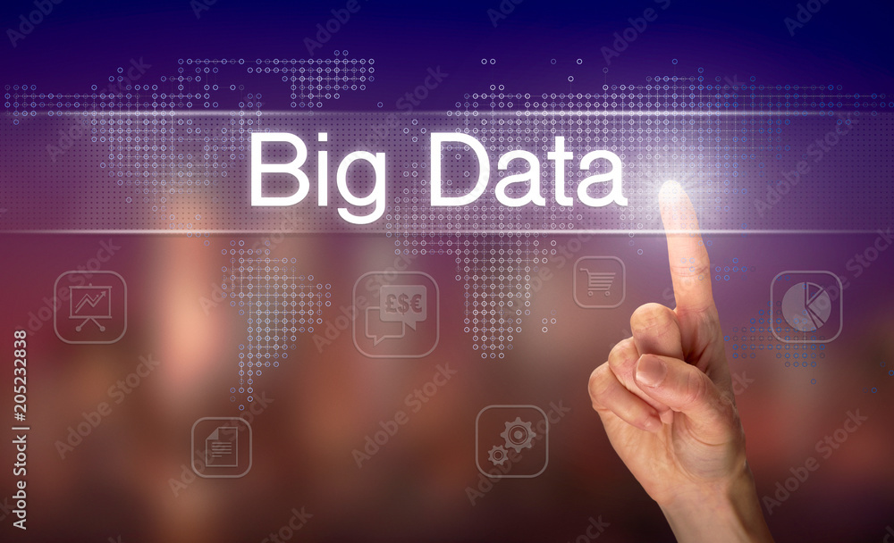 A hand selecting a Big Data business concept on a clear screen with a colorful blurred background. A hand selecting a Big Data business concept on a clear screen with a colorful blurred background.