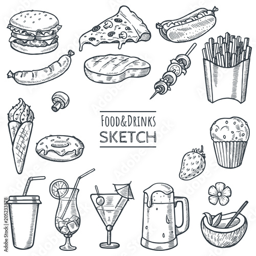 Food and drinks vector hand drawn sketch set. Hand drawn fast food, drinks, desserts, snacks. Doodle illustration of summer menu. Decoration elements for restaurant,cafe,menu,bar. Eps 10