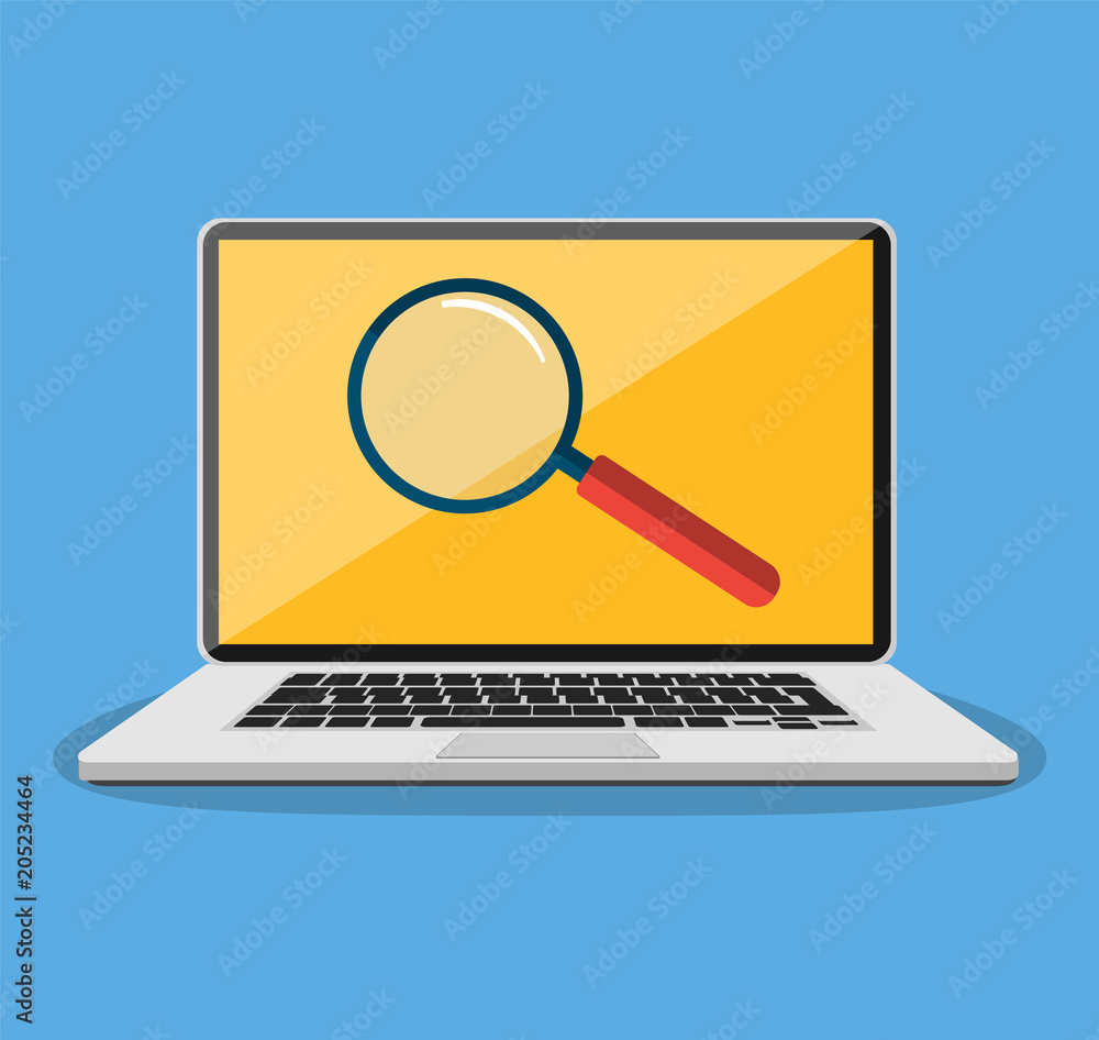 Laptop with magnifying glass on screen. Laptop with magnifying glass on screen.