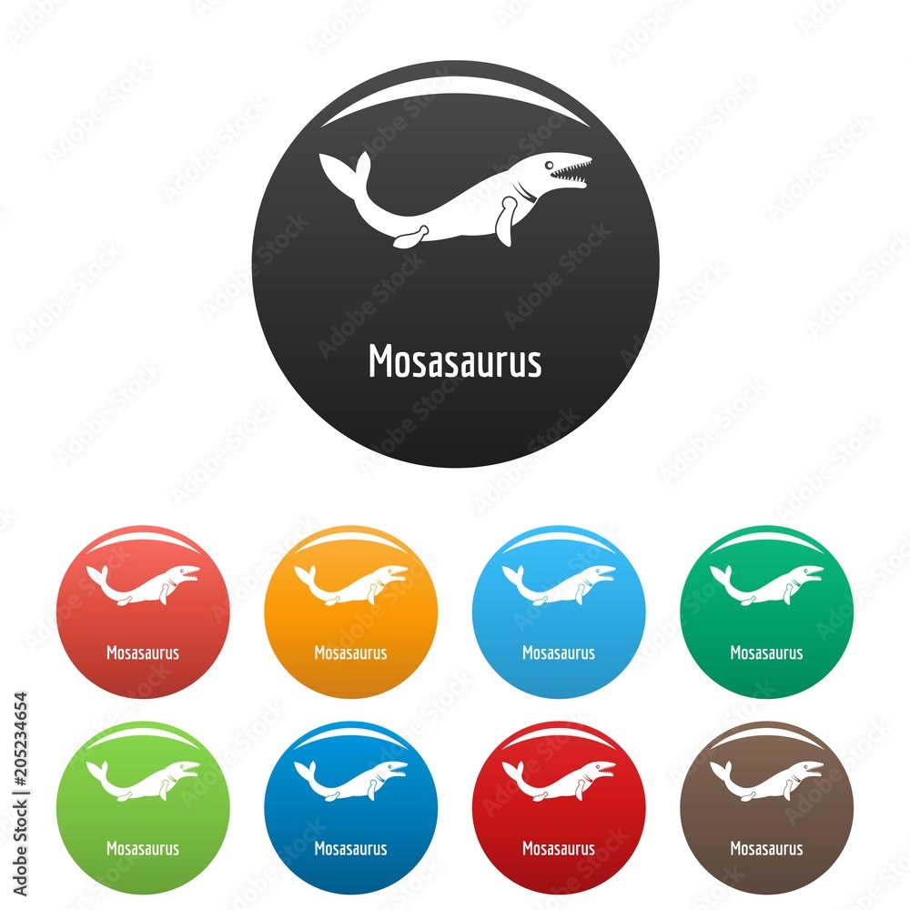 Mosasaurus icon. Simple illustration of mosasaurus vector icons set color isolated on white Mosasaurus icon. Simple illustration of mosasaurus vector icons set color isolated on white
