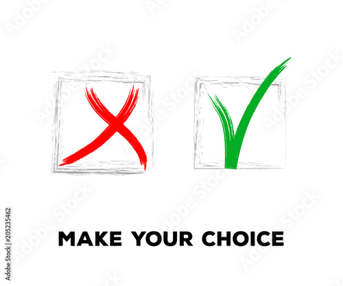 Yes and No Vector Set Square Frames, Isolated.  Hand Painted Election, Quizz, Voting, Test Symbols. Ink Brush Rejection and Approval, Query Choice Icons. Yes and No Tick and Cross Symbolic Marks.