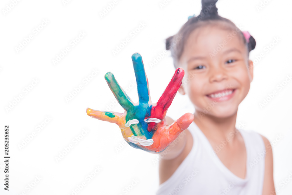 beautiful little girl with hands in the paint beautiful little girl with hands in the paint