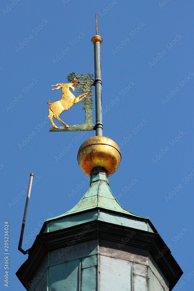 Coat of arms of Lublin, Poland. Golden goat and vines on the Town Hall tower.