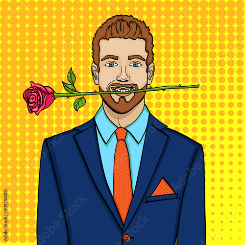 Tableau sur toile Pop art man, businessman with a rose in his teeth