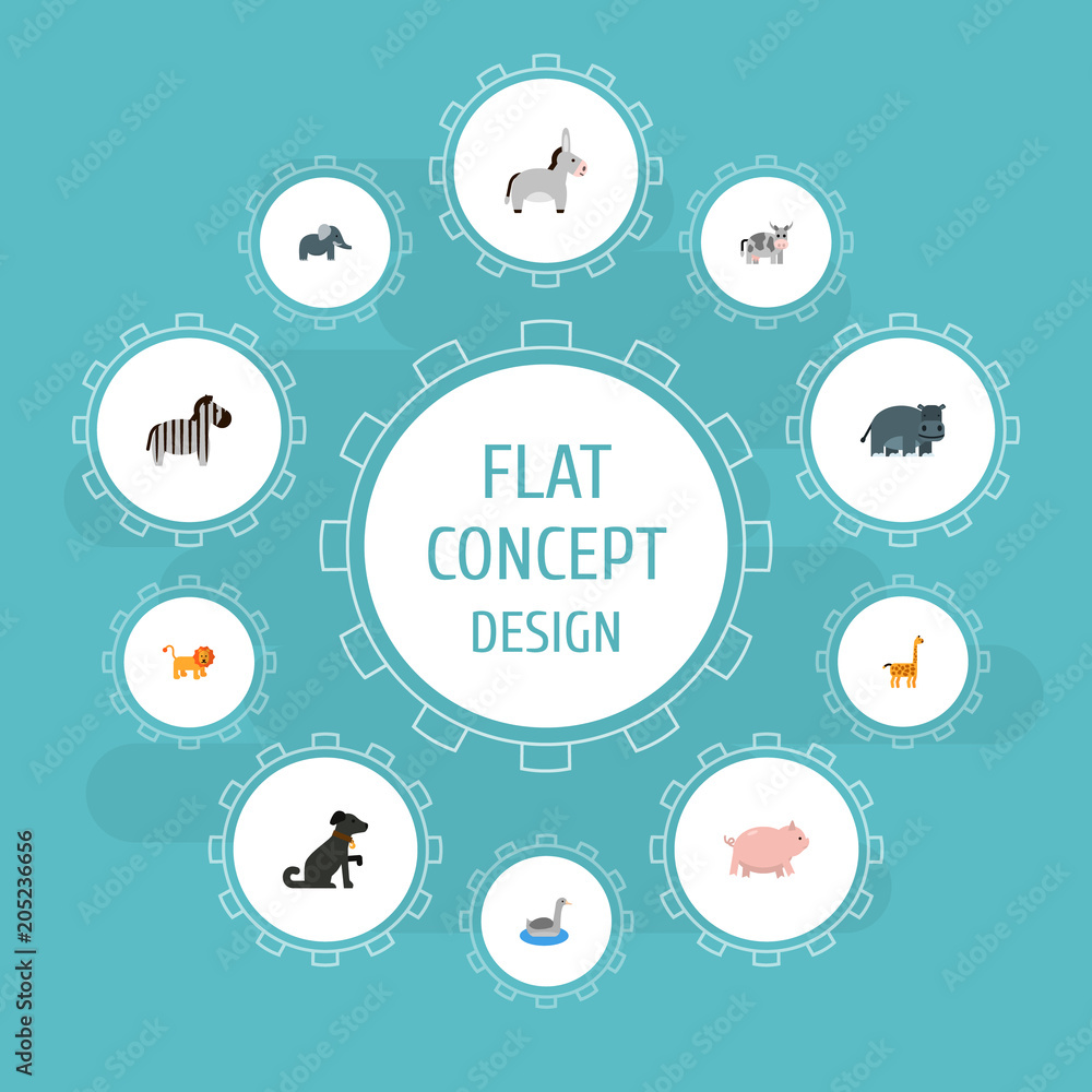 Set of animal icons flat style symbols with giraffe, hippo, elephant