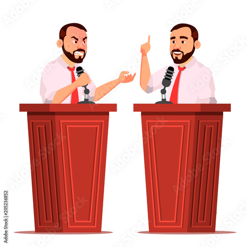 Speaker Man Vector. Podium With Microphone. Giving Public Speech. Debates. Presentation. Isolated Flat Cartoon Character Illustration