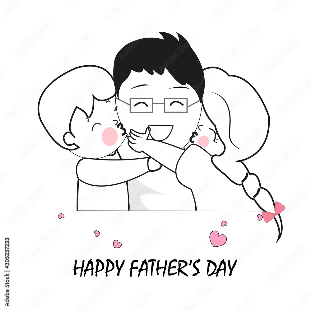 Children hugging their dads. Father, son and daughter. Happy Father's Day greeting card Children hugging their dads. Father, son and daughter. Happy Father's Day greeting card