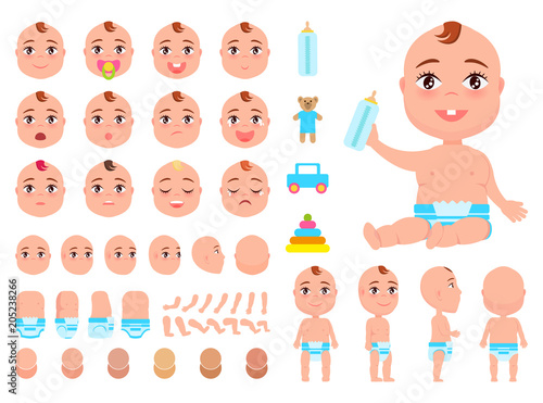 Happy Infant in Diaper Hold Bottle of Milk in Hand