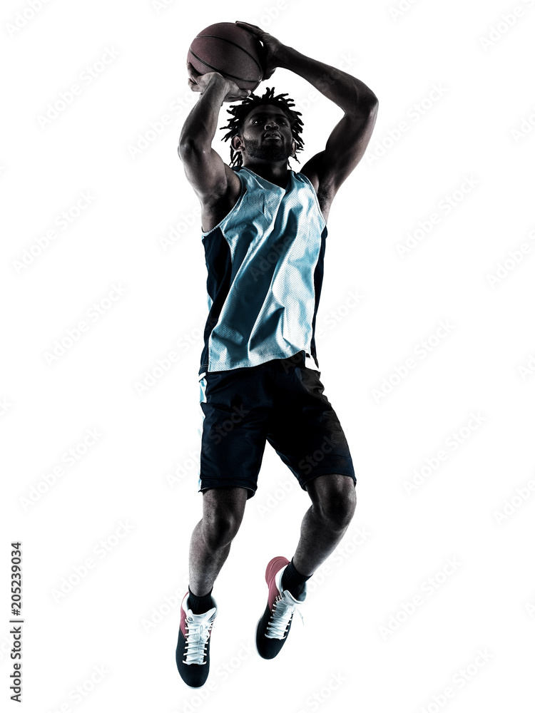 Fototapeta premium one afro-american african basketball player man isolated in silhouette shadow on white background