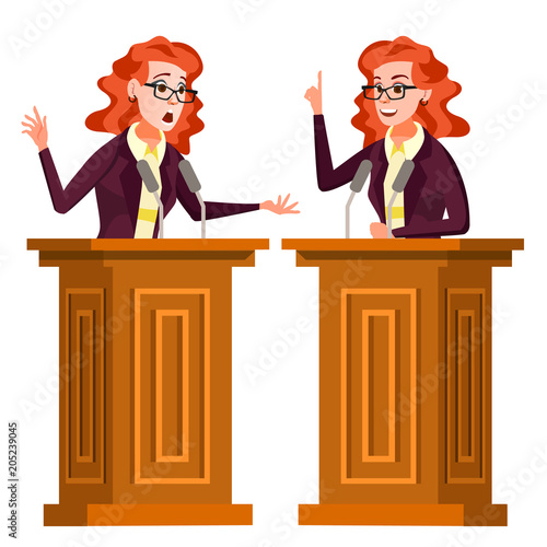 Speaker Woman Vector. Podium With Microphone. Giving Public Speech. Debates. Presentation. Isolated Flat Cartoon Character Illustration