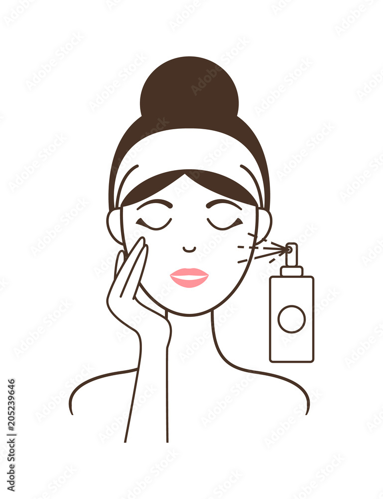 Girl in Headband Aplies Micellar Water from Spray Girl in Headband Aplies Micellar Water from Spray