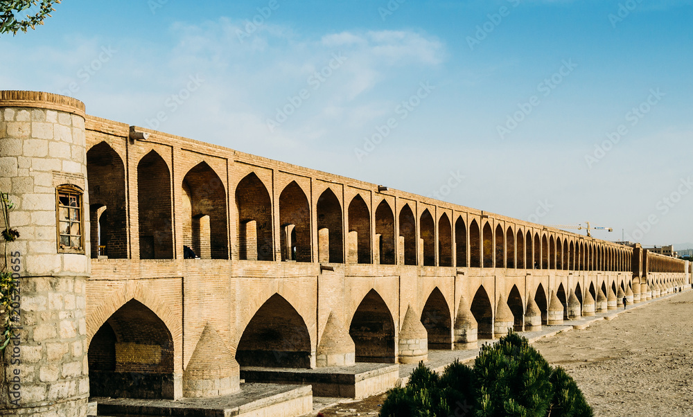 Early 17th c, Si-o-seh Pol, also known as Allahverdi Khan Bridge, in Isfahan, iran is made up of 33 arches in a row and measures 295meters long and 13.75meters wide, crossing the River Zayandeh-Roud