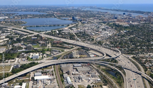 Aerial view of downtown West Palm Beach, Florida, with the I-95 expressway, and interchange, a key roadway to South Florida.