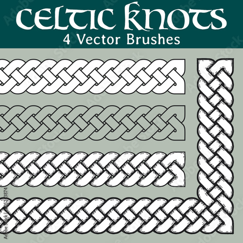Celtic knots vector brushes. 4 different versions of a brush: with white filling, without filling, with shadows and with a black background. All brushes include outer and inner corner tiles.